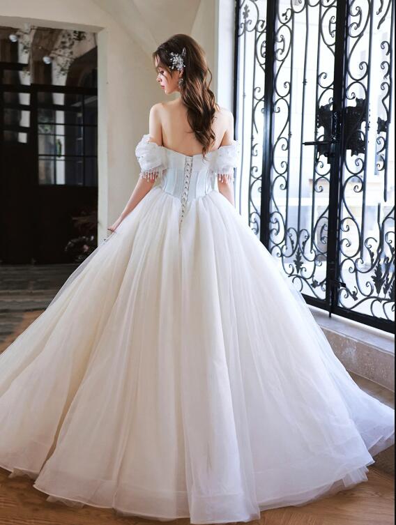 Gorgeous Tulle Off Shoulder Princess Dress, White Long Prom Dress