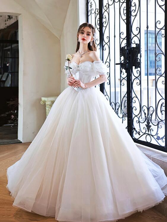 Gorgeous Tulle Off Shoulder Princess Dress, White Long Prom Dress