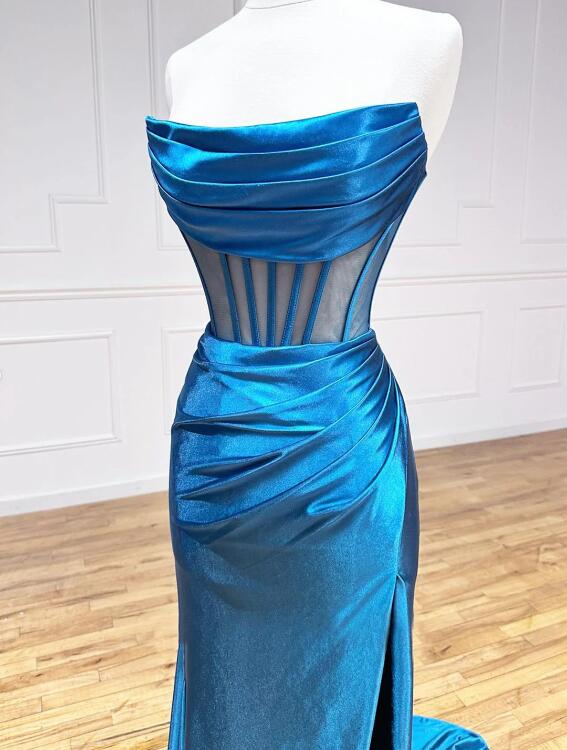 Blue Strapless Pleated Long Prom Dress, Blue Satin Party Dress