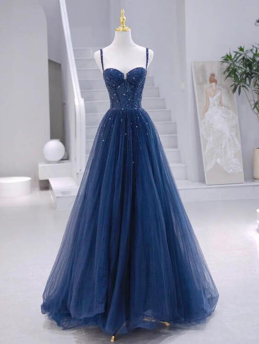 Blue Tulle Beaded Long Formal Dress, Blue Evening Dress