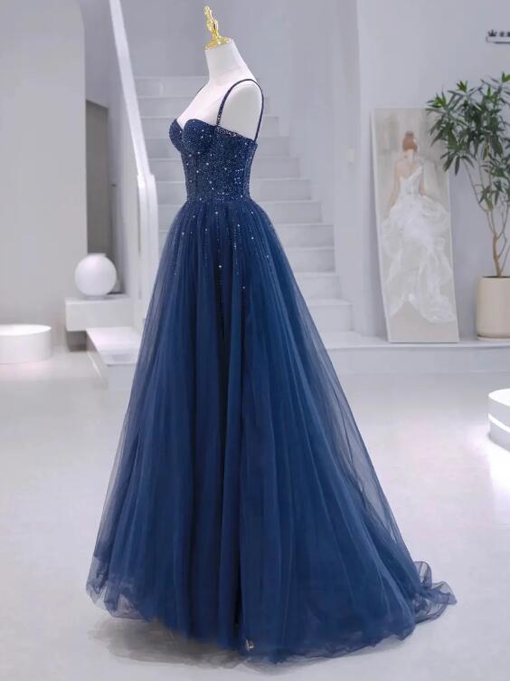 Blue Tulle Beaded Long Formal Dress, Blue Evening Dress