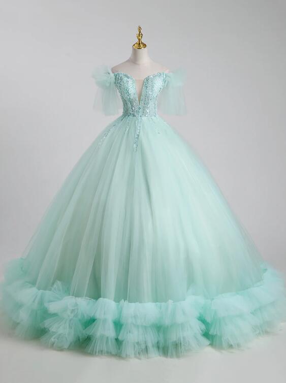 Beautiful Tulle Sequins Long Ball Gown, A-Line Tulle Sweet 16 Dress