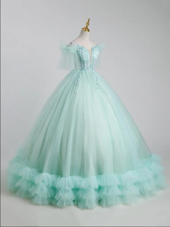 Beautiful Tulle Sequins Long Ball Gown, A-Line Tulle Sweet 16 Dress