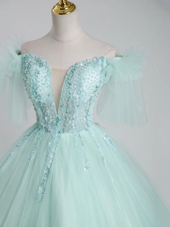 Beautiful Tulle Sequins Long Ball Gown, A-Line Tulle Sweet 16 Dress