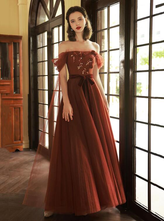 Off Shoulder Tulle Long Prom Dresses, Beautiful A Line Tulle Evening Dresses