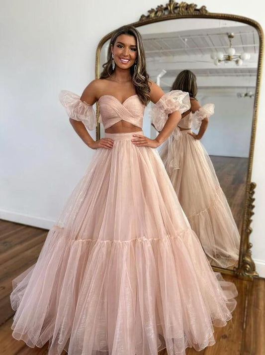 Pink Tulle Long Formal Dress, Two Pieces Evening Dress, Pink Party Dress