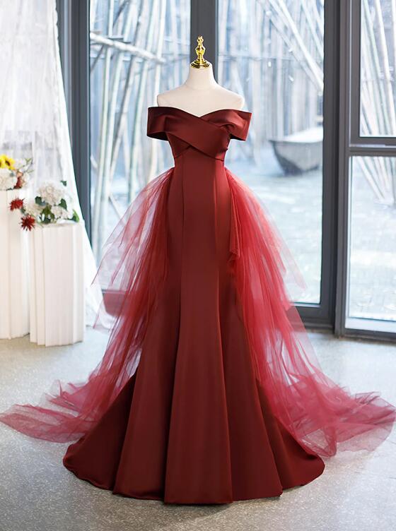 Mermaid V-Neck Satin Long Prom Dress, Burgundy Off Shoulder Evening Dress with Bow