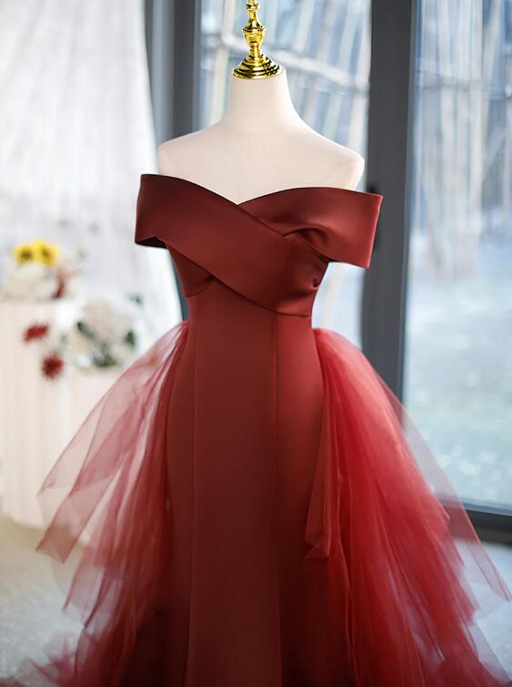 Mermaid V-Neck Satin Long Prom Dress, Burgundy Off Shoulder Evening Dress with Bow