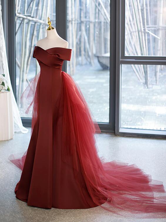 Mermaid V-Neck Satin Long Prom Dress, Burgundy Off Shoulder Evening Dress with Bow