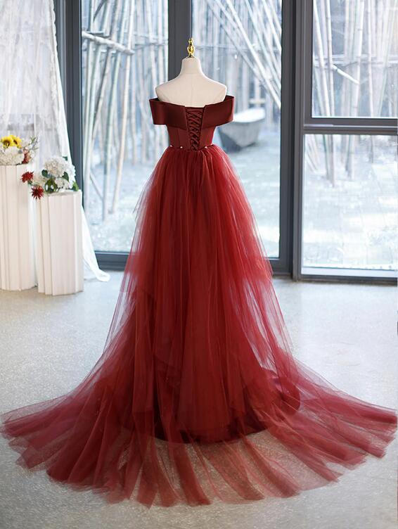 Mermaid V-Neck Satin Long Prom Dress, Burgundy Off Shoulder Evening Dress with Bow