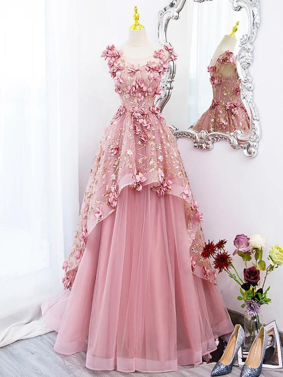 Pink Tulle Long Prom Dress with Flowers, Beautiful A-Line Sweet 16 Dress