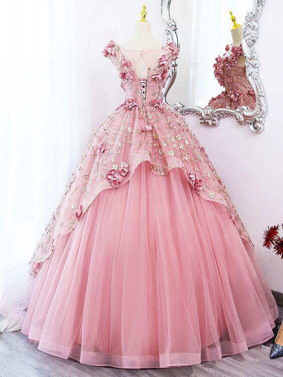 Pink Tulle Long Prom Dress with Flowers, Beautiful A-Line Sweet 16 Dress