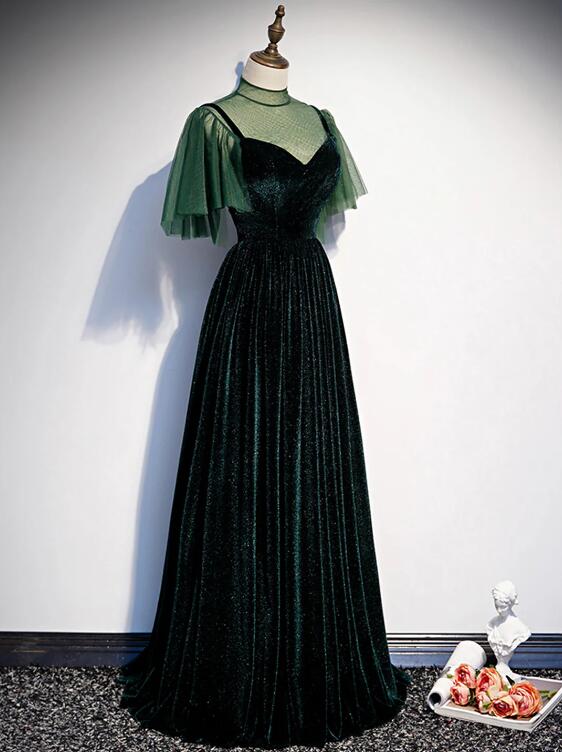 Green Velvet Long Prom Dress, Elegant A-Line Green Evening Dress