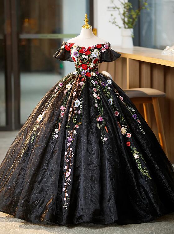 Black Tulle Long Prom Dress with Lace Flowers, Beautiful Off Shoulder Evening Gown