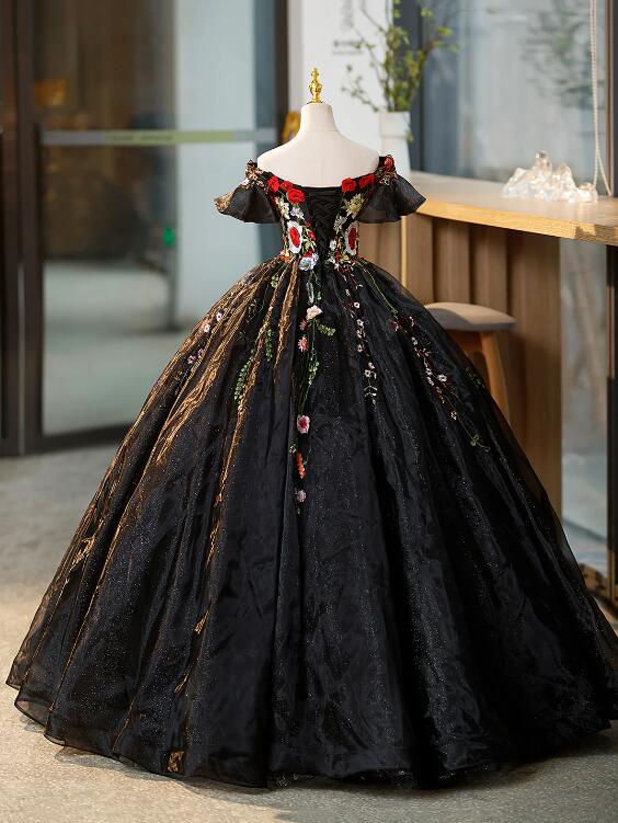 Black Tulle Long Prom Dress with Lace Flowers, Beautiful Off Shoulder Evening Gown