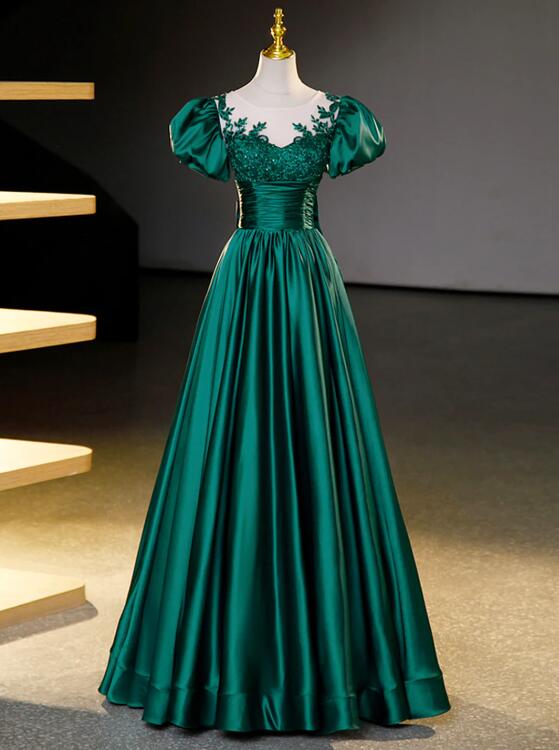 Green Satin Lace Floor Length Formal Dress, Short Sleeve A-Line Evening Dress