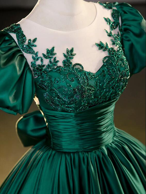 Green Satin Lace Floor Length Formal Dress, Short Sleeve A-Line Evening Dress