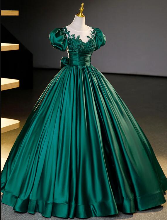 Green Satin Lace Floor Length Formal Dress, Short Sleeve A-Line Evening Dress