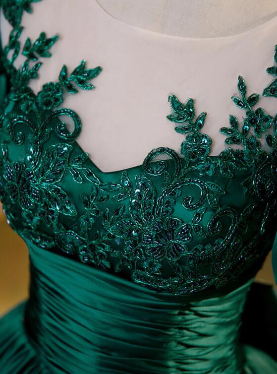 Green Satin Lace Floor Length Formal Dress, Short Sleeve A-Line Evening Dress