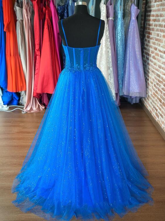 Blue Spaghetti Strap Tulle Formal Dress, Blue Evening Dress with Lace