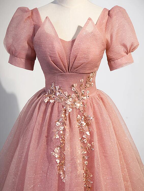 Pink Tulle Floor Length Prom Dress with Short Sleeve, Beautiful A-Line Evening Dress