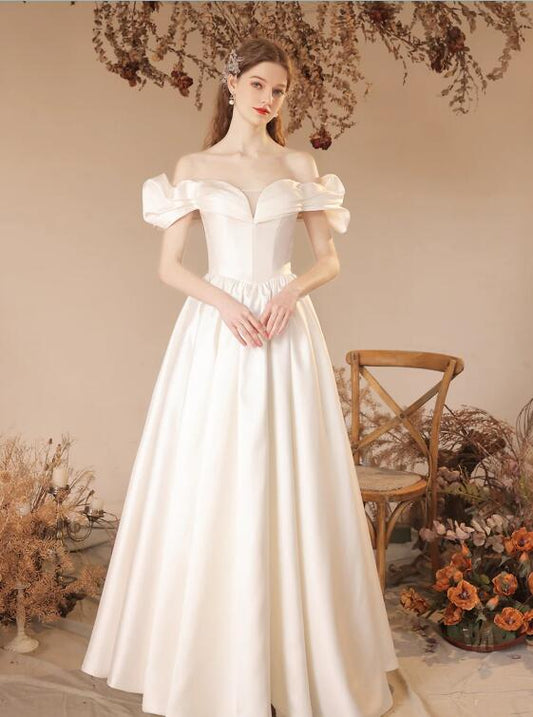 White Satin Floor Length Formal Dress, A-Line Off Shoulder Evening Dress Prom Dress