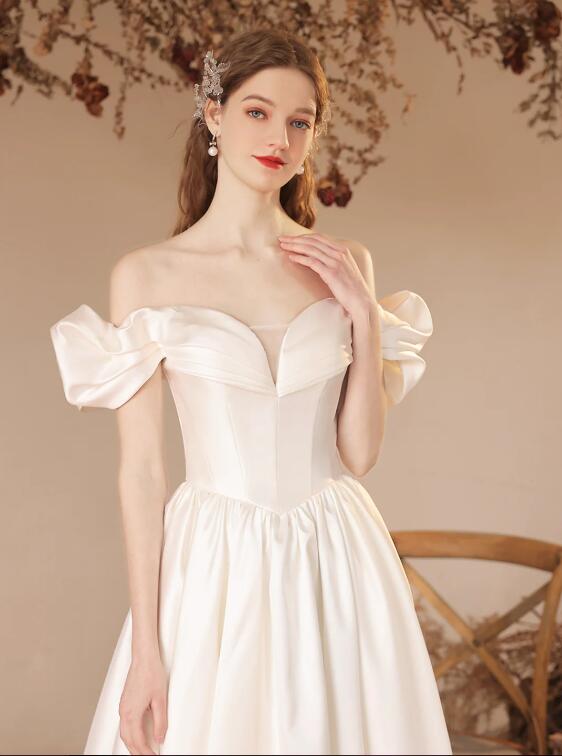 White Satin Floor Length Formal Dress, A-Line Off Shoulder Evening Dress Prom Dress