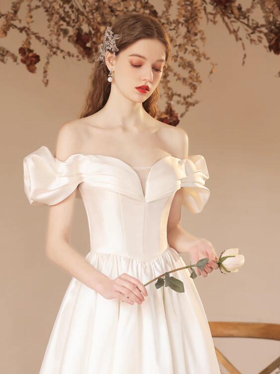 White Satin Floor Length Formal Dress, A-Line Off Shoulder Evening Dress Prom Dress