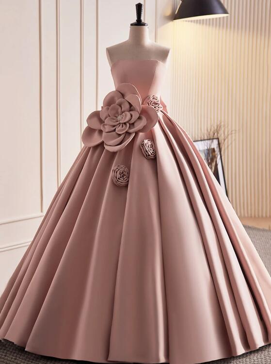 Pink Strapless Satin Long Prom Dress, Beautiful A-Line Evening Dress