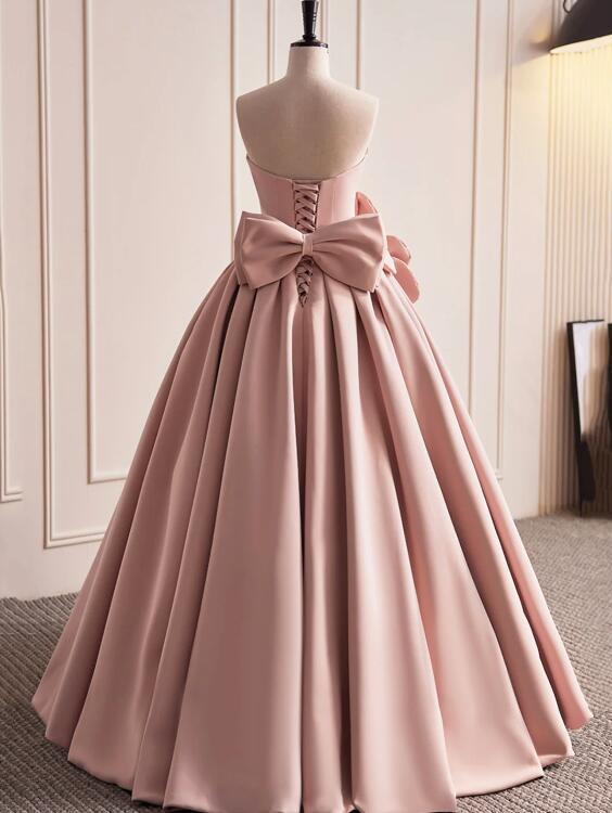 Pink Strapless Satin Long Prom Dress, Beautiful A-Line Evening Dress