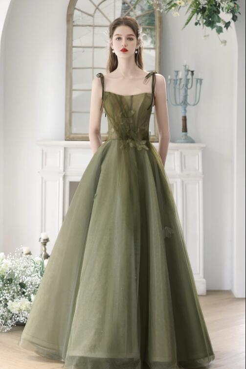 Green Spaghetti Strap Tulle Long Prom Dress, Beautiful A-Line Evening Dress