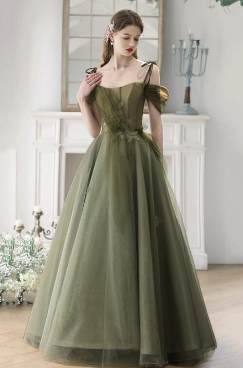 Green Spaghetti Strap Tulle Long Prom Dress, Beautiful A-Line Evening Dress