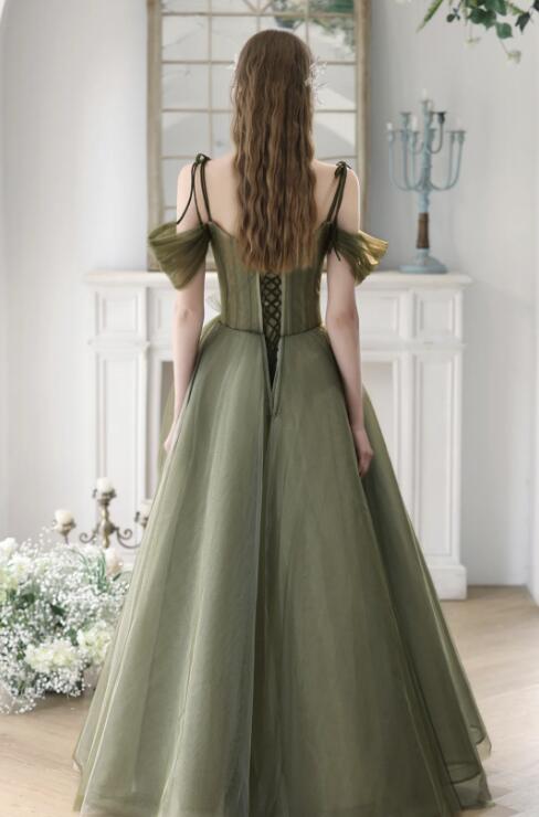 Green Spaghetti Strap Tulle Long Prom Dress, Beautiful A-Line Evening Dress