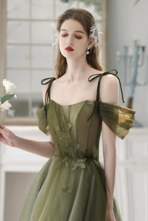 Green Spaghetti Strap Tulle Long Prom Dress, Beautiful A-Line Evening Dress