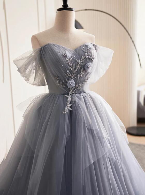 Gray Tulle Long A-Line Prom Dress, Off Shoulder Evening Dress Party Dress