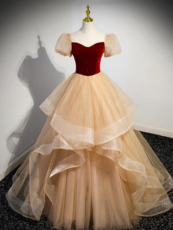 Cute Velvet Tulle Long Prom Dress, A-Line Short Sleeve Formal Dress