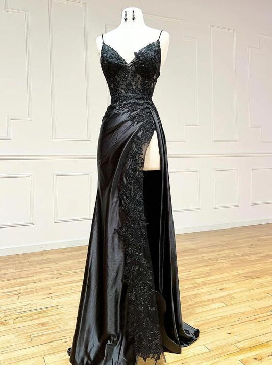 Black V-Neck Satin Lace Long Prom Dress, Black Spaghetti Strap Evening Dress with Slit