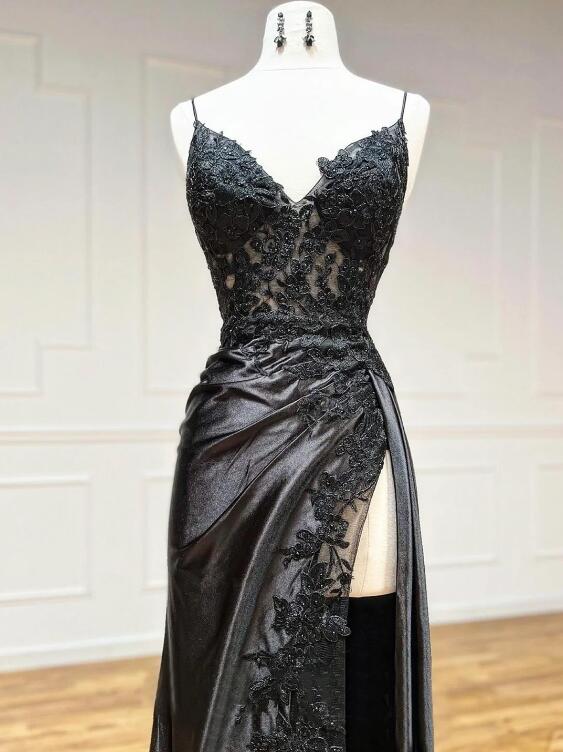 Black V-Neck Satin Lace Long Prom Dress, Black Spaghetti Strap Evening Dress with Slit