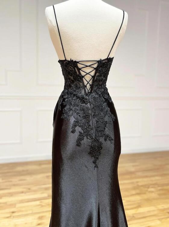 Black V-Neck Satin Lace Long Prom Dress, Black Spaghetti Strap Evening Dress with Slit