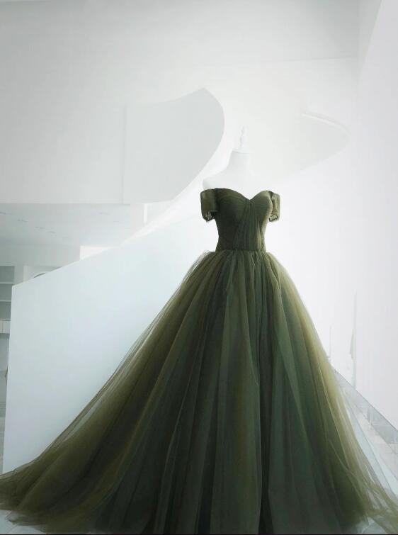 Green Tulle Long Prom Dress, A-Line Off Shoulder Evening Dress