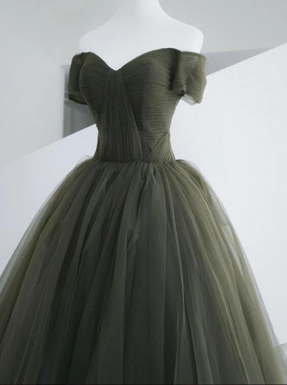 Green Tulle Long Prom Dress, A-Line Off Shoulder Evening Dress