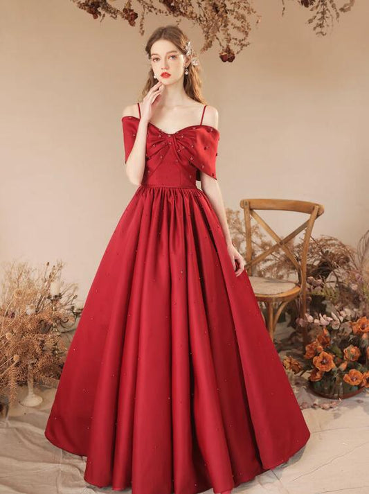 Burgundy Satin Beaded Long Prom Dress, Cute Off Shoulder Evening Dress