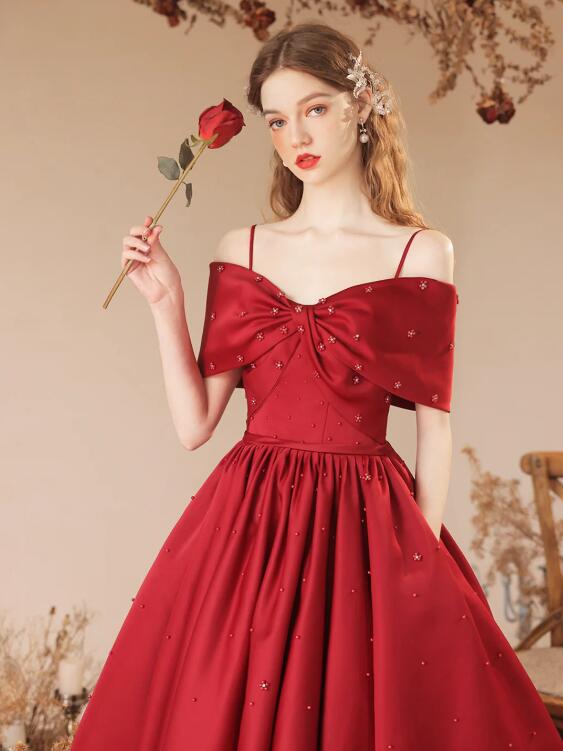 Burgundy Satin Beaded Long Prom Dress, Cute Off Shoulder Evening Dress