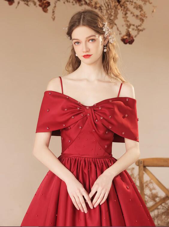 Burgundy Satin Beaded Long Prom Dress, Cute Off Shoulder Evening Dress