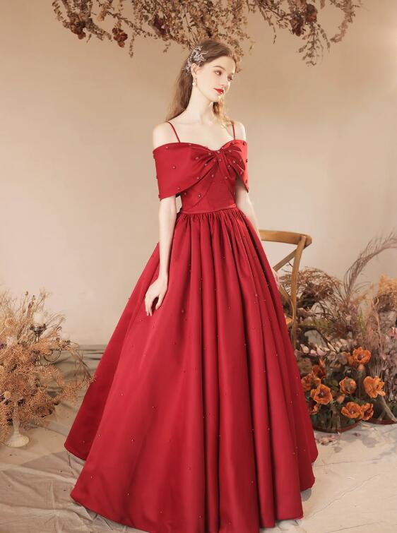 Burgundy Satin Beaded Long Prom Dress, Cute Off Shoulder Evening Dress