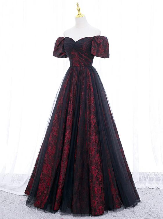 Black Tulle A-Line Prom Dress with Rose Print, Black Off Shoulder Evening Party Dress