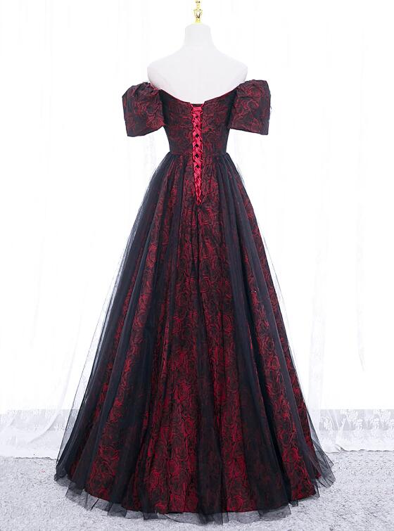 Black Tulle A-Line Prom Dress with Rose Print, Black Off Shoulder Evening Party Dress