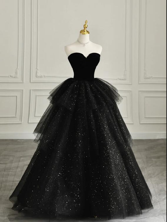 Black Strapless Tulle Formal Dress with Velvet, A-Line Sweetheart Neck Long Prom Dress