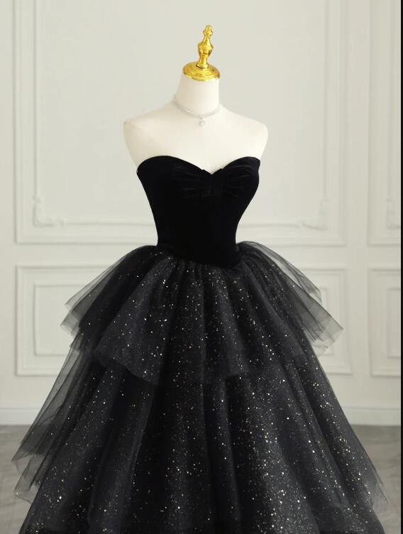 Black Strapless Tulle Formal Dress with Velvet, A-Line Sweetheart Neck Long Prom Dress