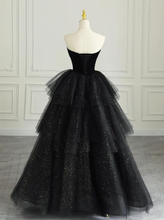 Black Strapless Tulle Formal Dress with Velvet, A-Line Sweetheart Neck Long Prom Dress